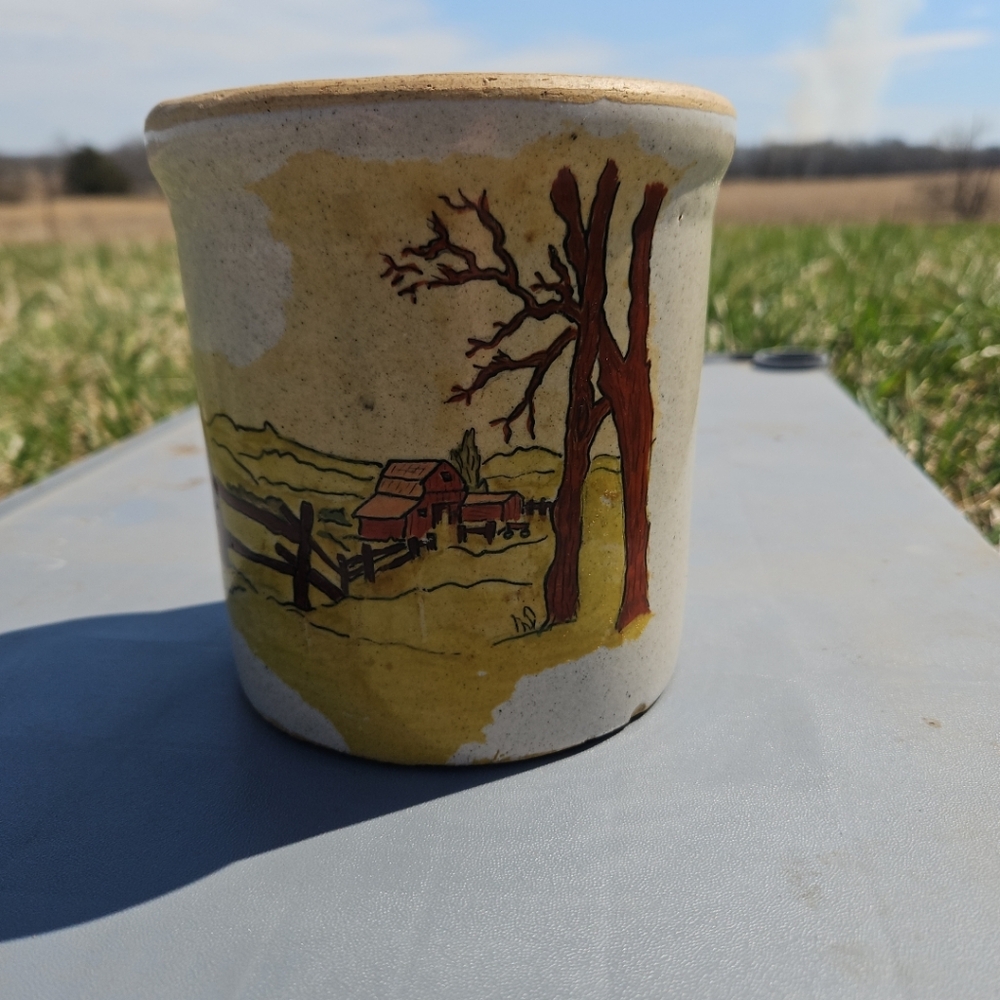 vintage hand-painted pottery crock,  Farm Scene With Barn